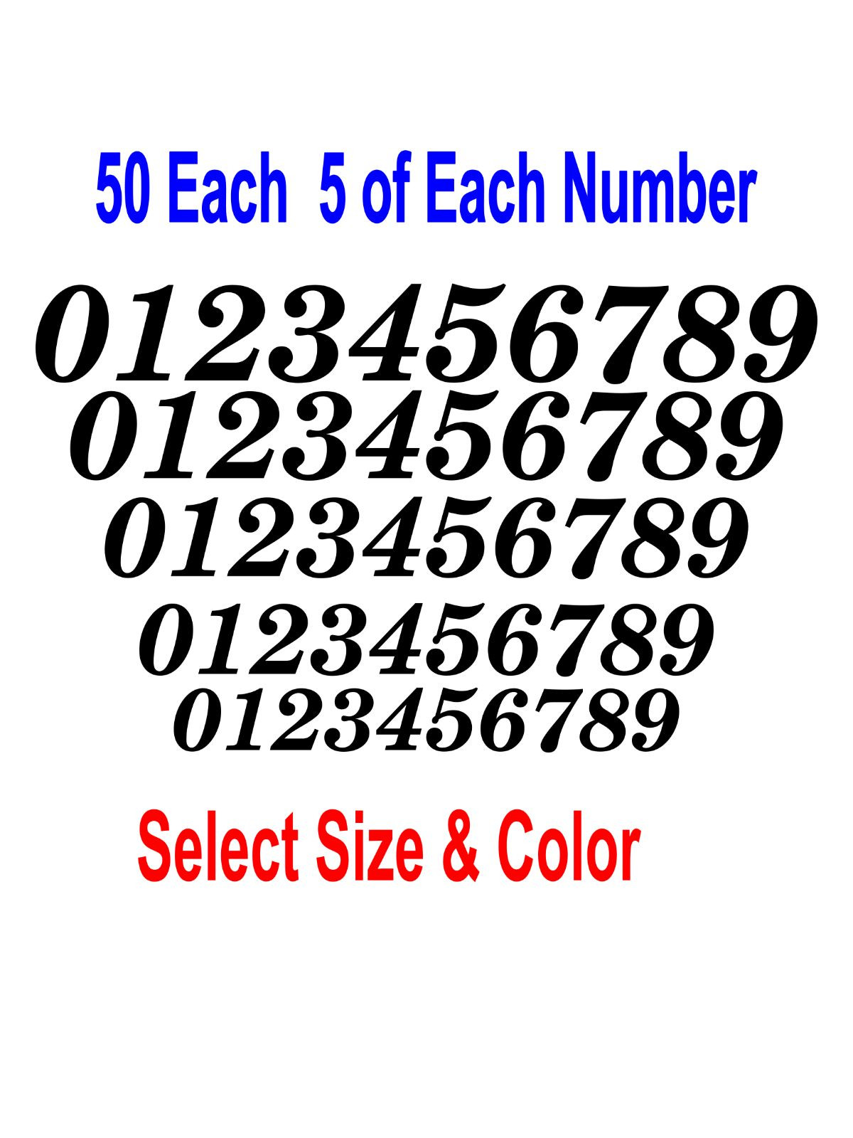 0-9 Numbers 50 ea Italic Fancy Vinyl Sticker Decals Helmet FN2 – Color & Size