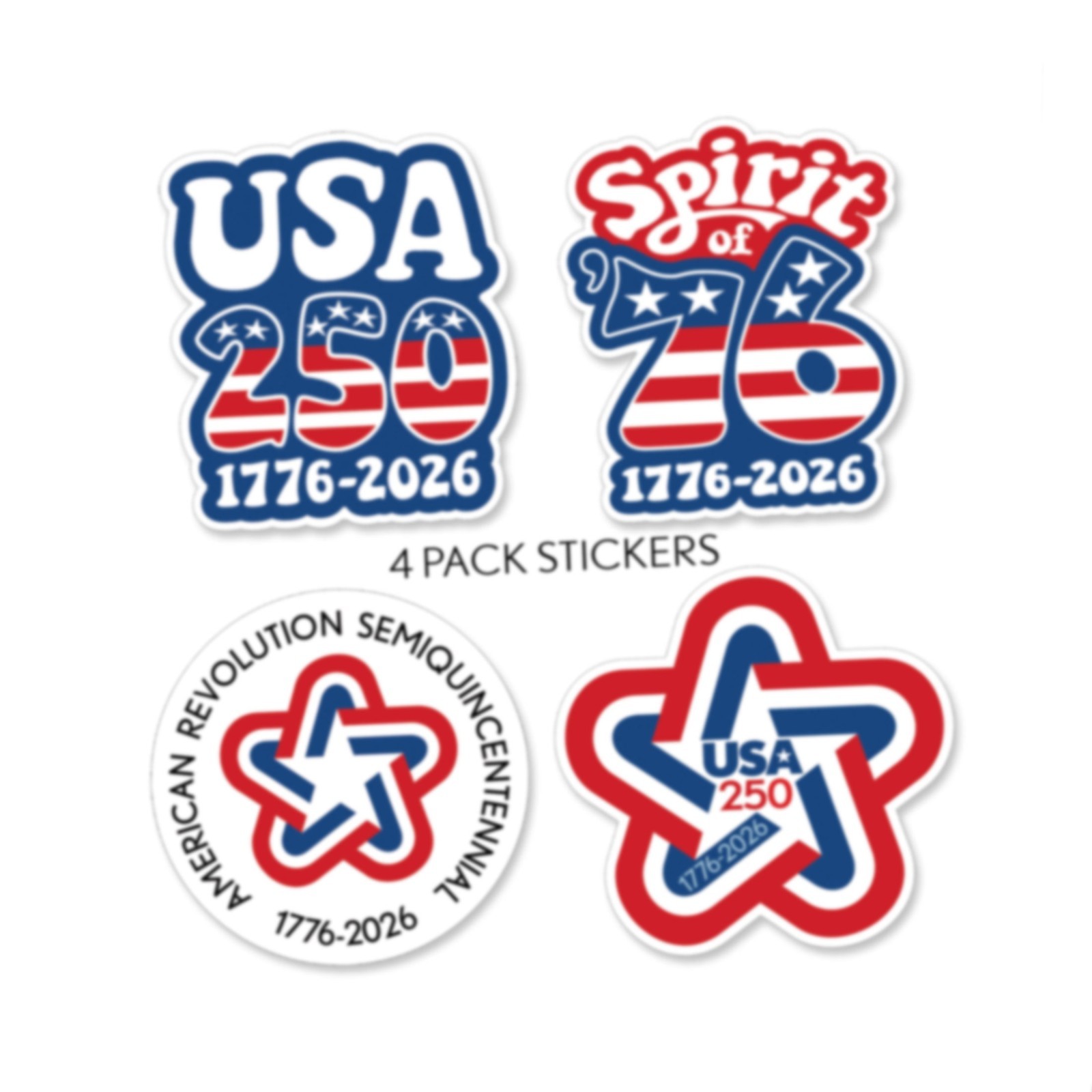 America 250th – 4 PACK Die Cut Stickers – USA 250 1776-2026 – Assorted Designs