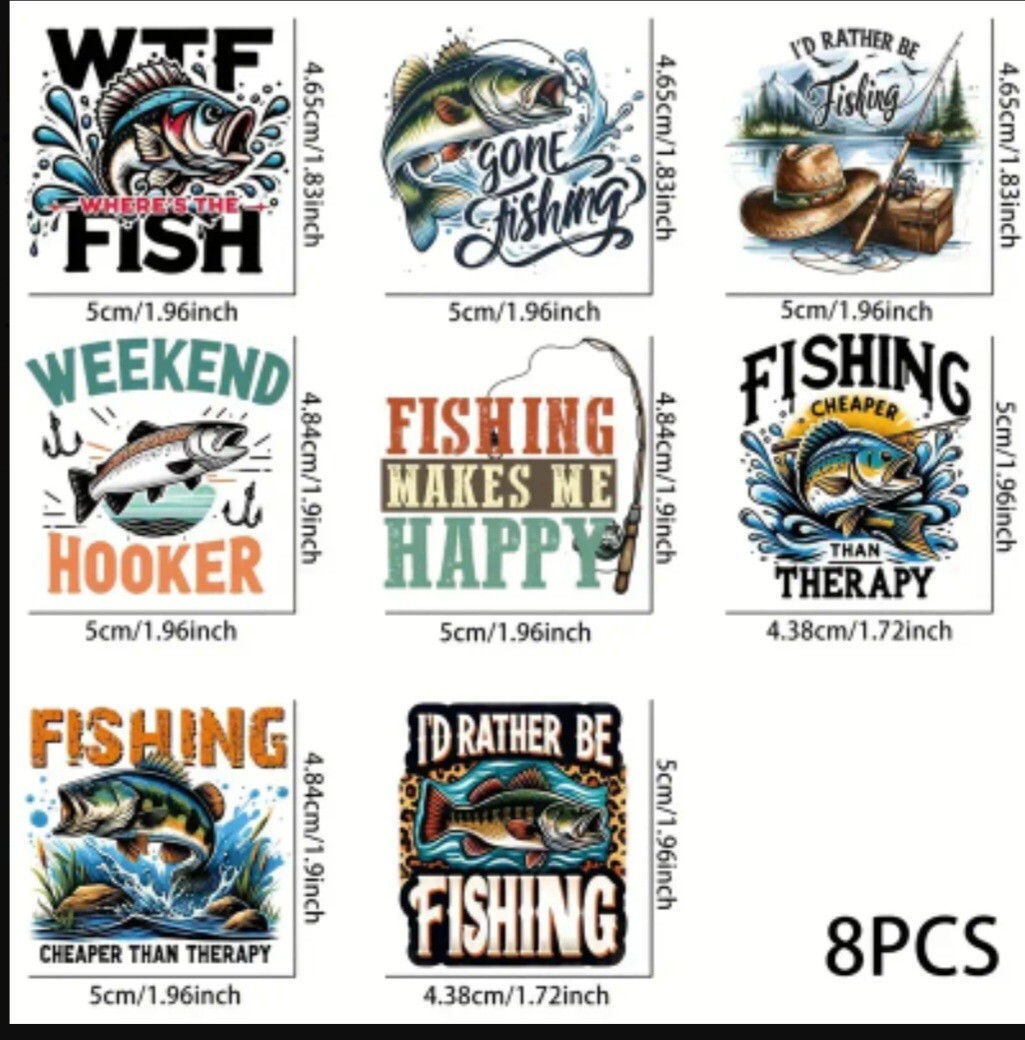 UV DTF Funny Fishing Fisherman Transfer Sticker Set 8 Decals Appx 2 x 2 Inches