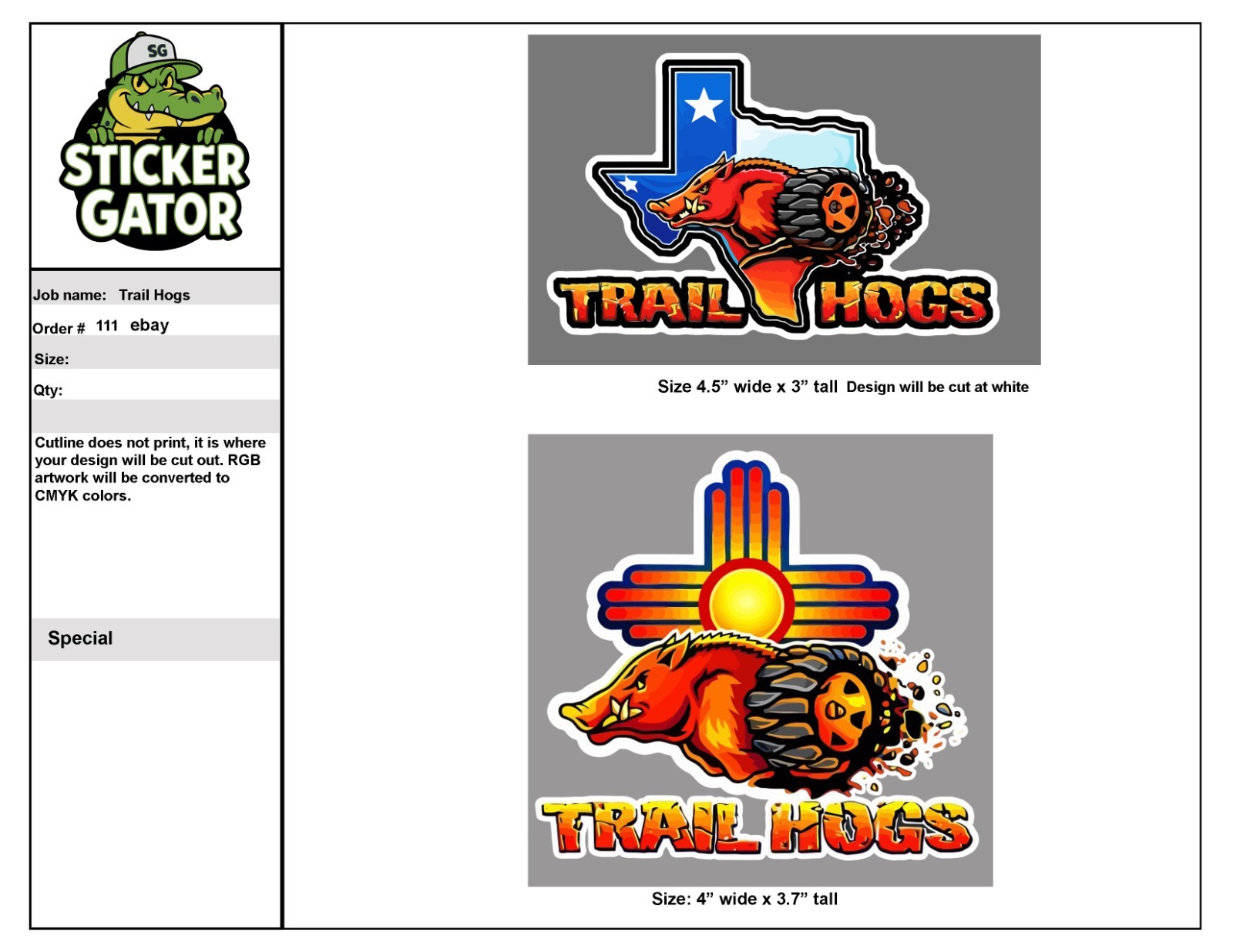 Sticker Gator Custom Die Cut Stickers for Trail Hogs 100pcs each design