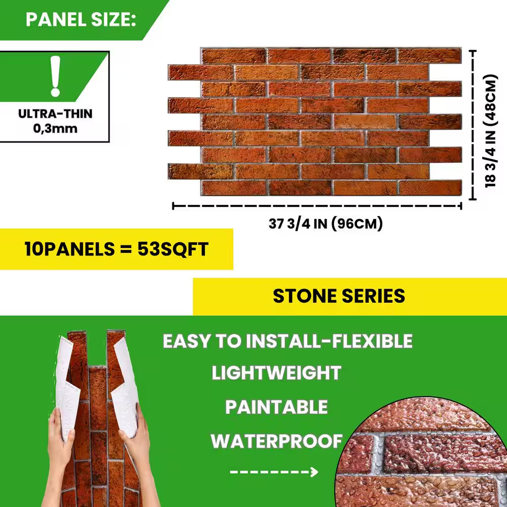 3 Ft. X 1.5 Ft. X 3/16 In. Red Brick Faux3D PVC Wall Panels for Interior Decor (