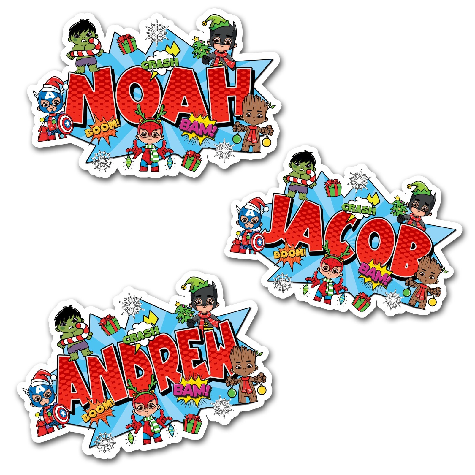 Custom Christmas Name Sticker Comic Book Style Superhero Kids Vinyl Decal