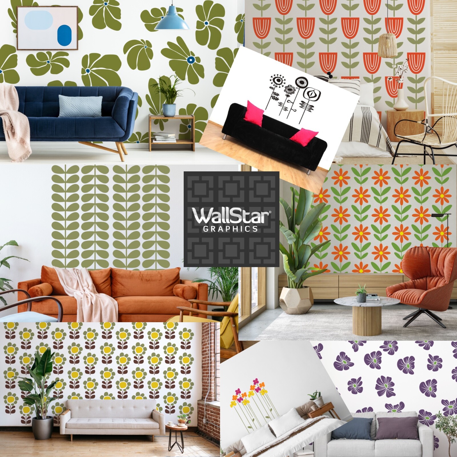 Retro Flower Wall Decals, Geometric Floral Decor, Mid Century Modern Nursery Dec