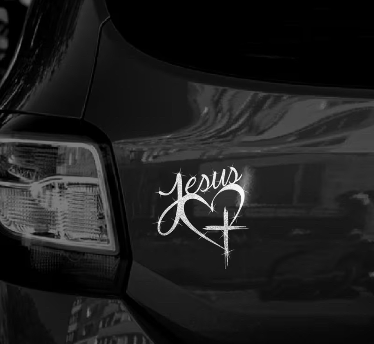 SILVER METALLIC GLITTER CROSS HEART 5.5” Jesus God Vinyl Sticker Decal Christian
