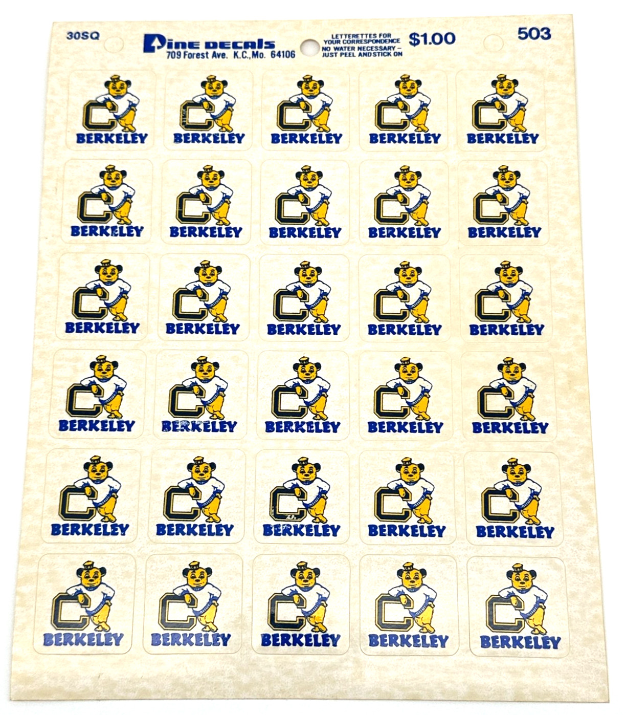Vintage UC Berkeley Pine Decals Full Sheet Oski Bear Mascot Stickers