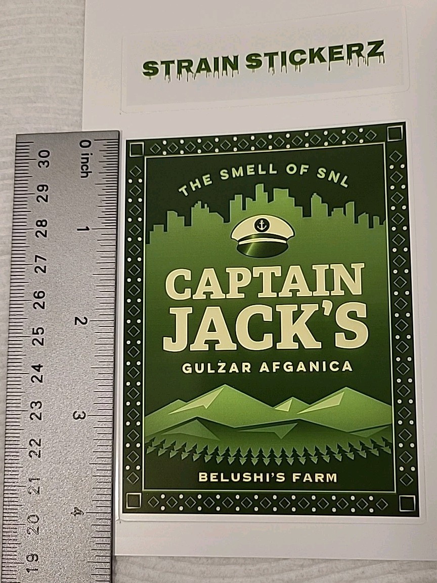 Captain Jack's, 2 of 3in. x 4in. Vinyl Dispensary Stickers, Strainstickerz, 420
