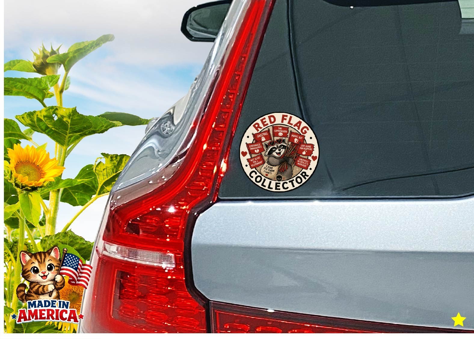 Red Flag Collector Funny Decal Sticker Raccoon Dating App Single Life Adulting