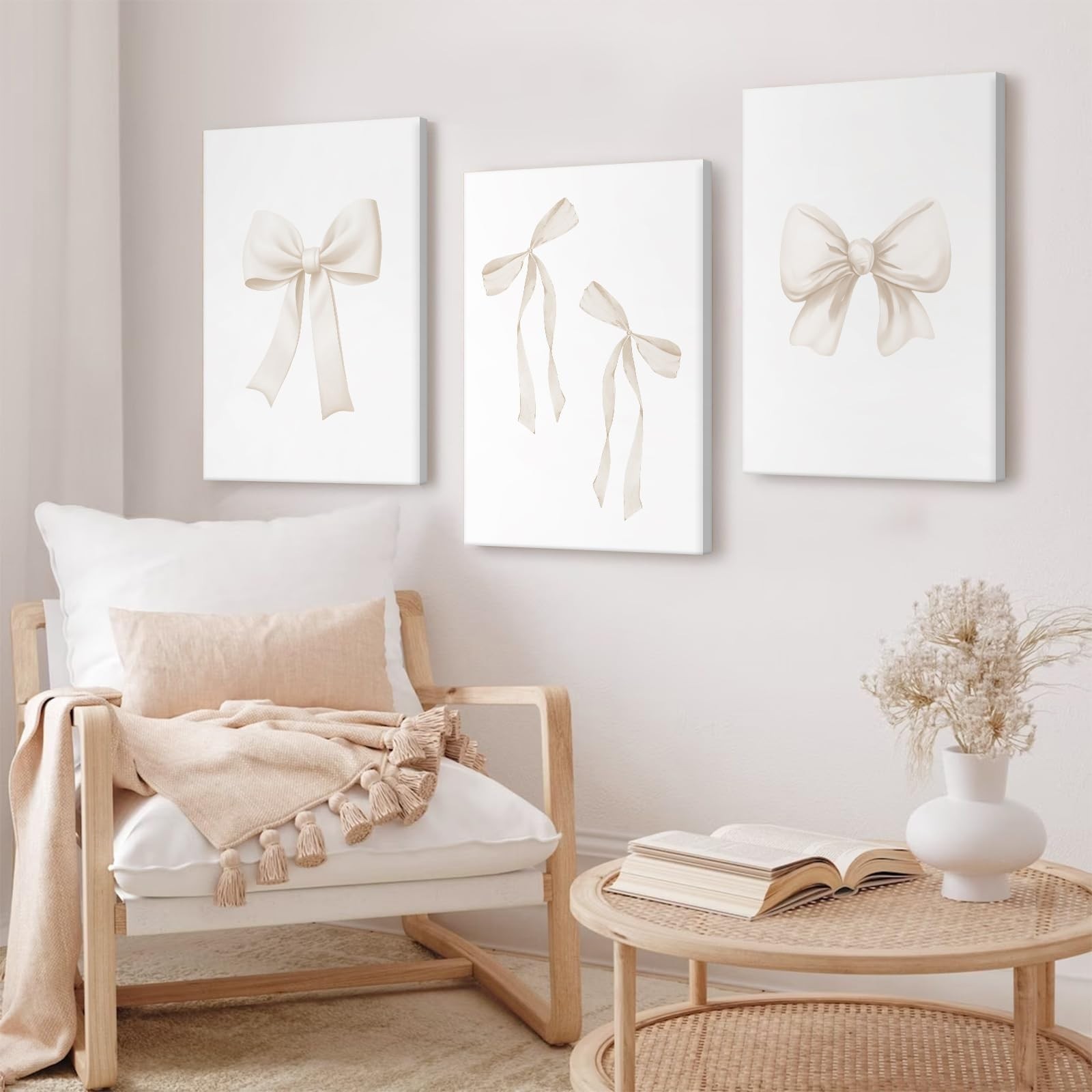 Beige Bow Canvas Wall Art,Coquette Preppy Bow Aesthetic Paintings Pictures Wa…