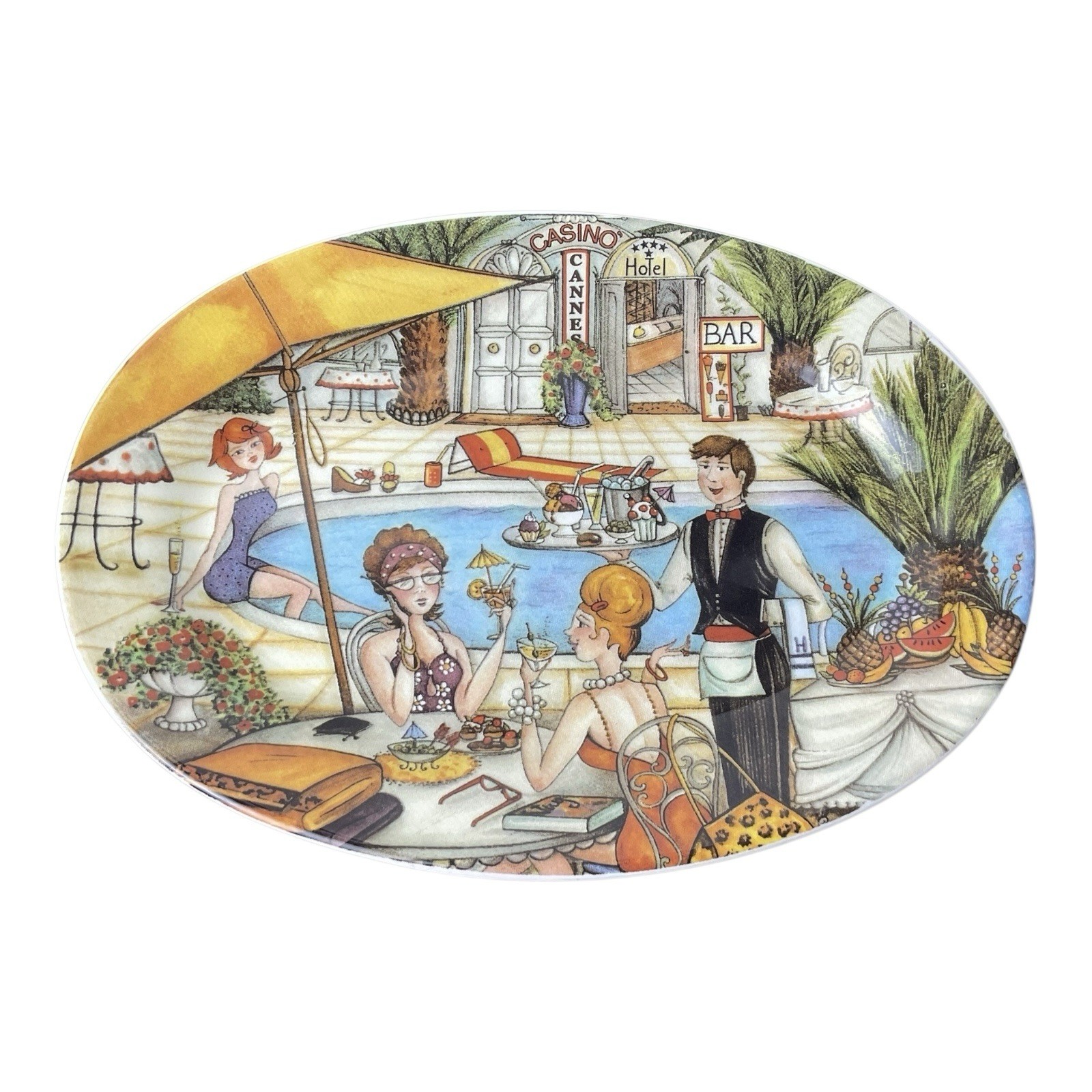 Vintage “Cannes Casino” Poolside Scene Oval Plate