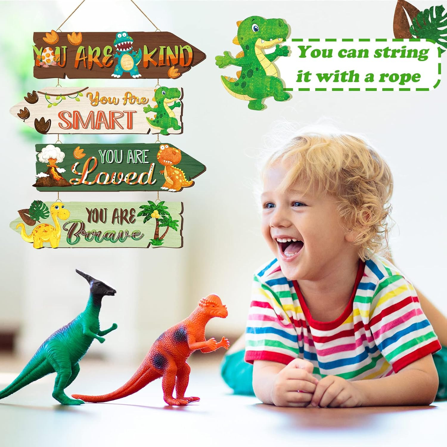 4 Pieces 11.2 X 3 Inch Dinosaur Motivational Wall Art Decors Dinosaur Wooden Han