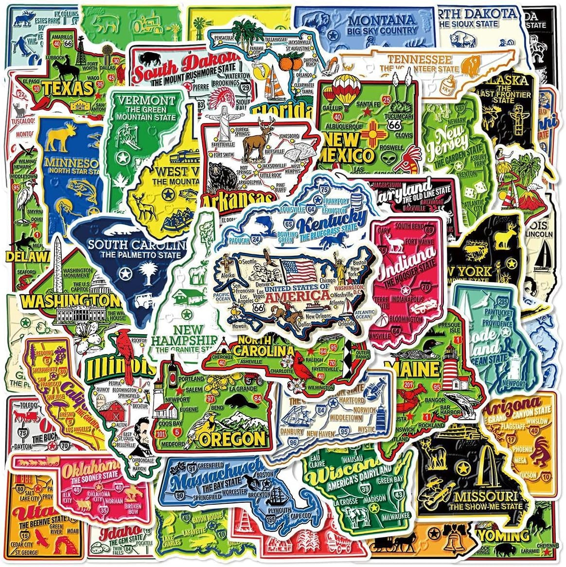 50Pcs United States Map Stickers – Waterproof Vinyl Removable No Residue Sticker