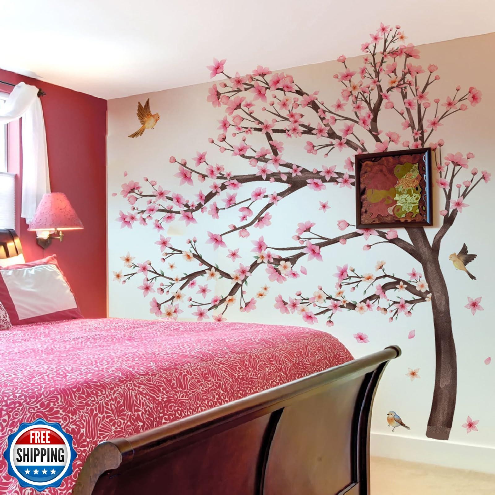 Large Cherry Blossom Tree Wall Stickers Pink Flower Tree Wall Decals for Girl