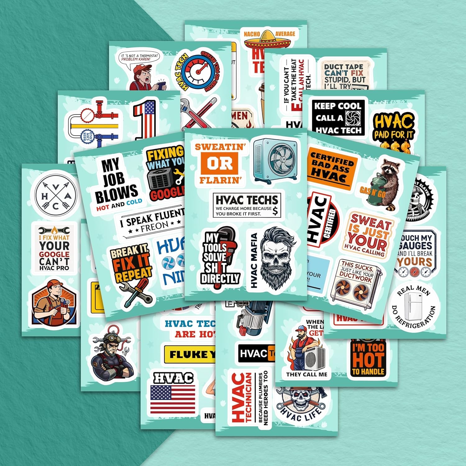 100Pcs HVAC Stickers Hard Hat, Water Bottle, Laptop – HVAC Toolbox Decals –