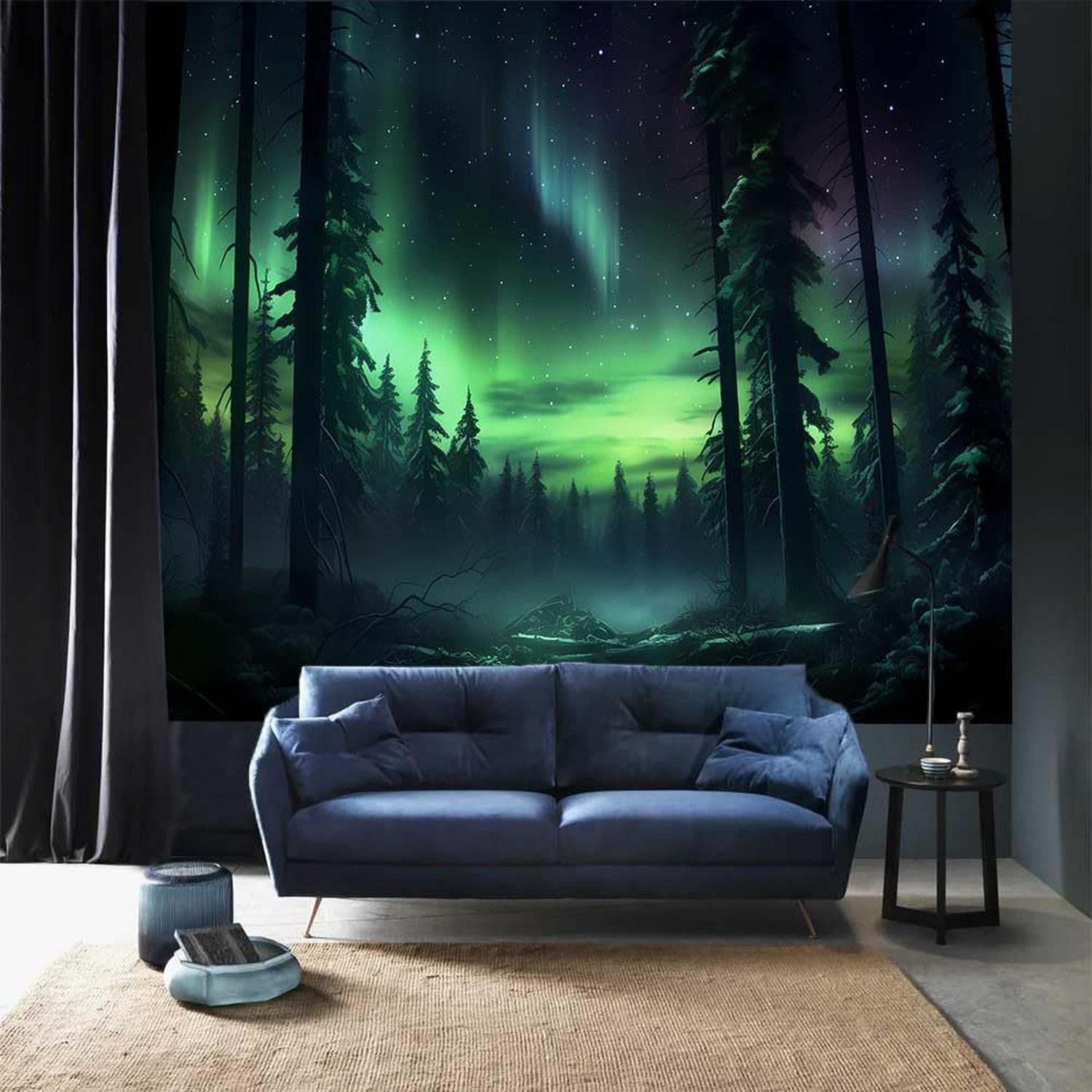 Northern Lights Forest Tapestry100x90 Inches Aurora Borealis Misty Pine Trees…