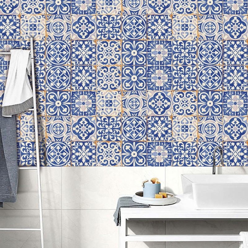 Blue and White Porcelain Tile Sticker 24pcs Self Adhesive Home Kitchen Floor