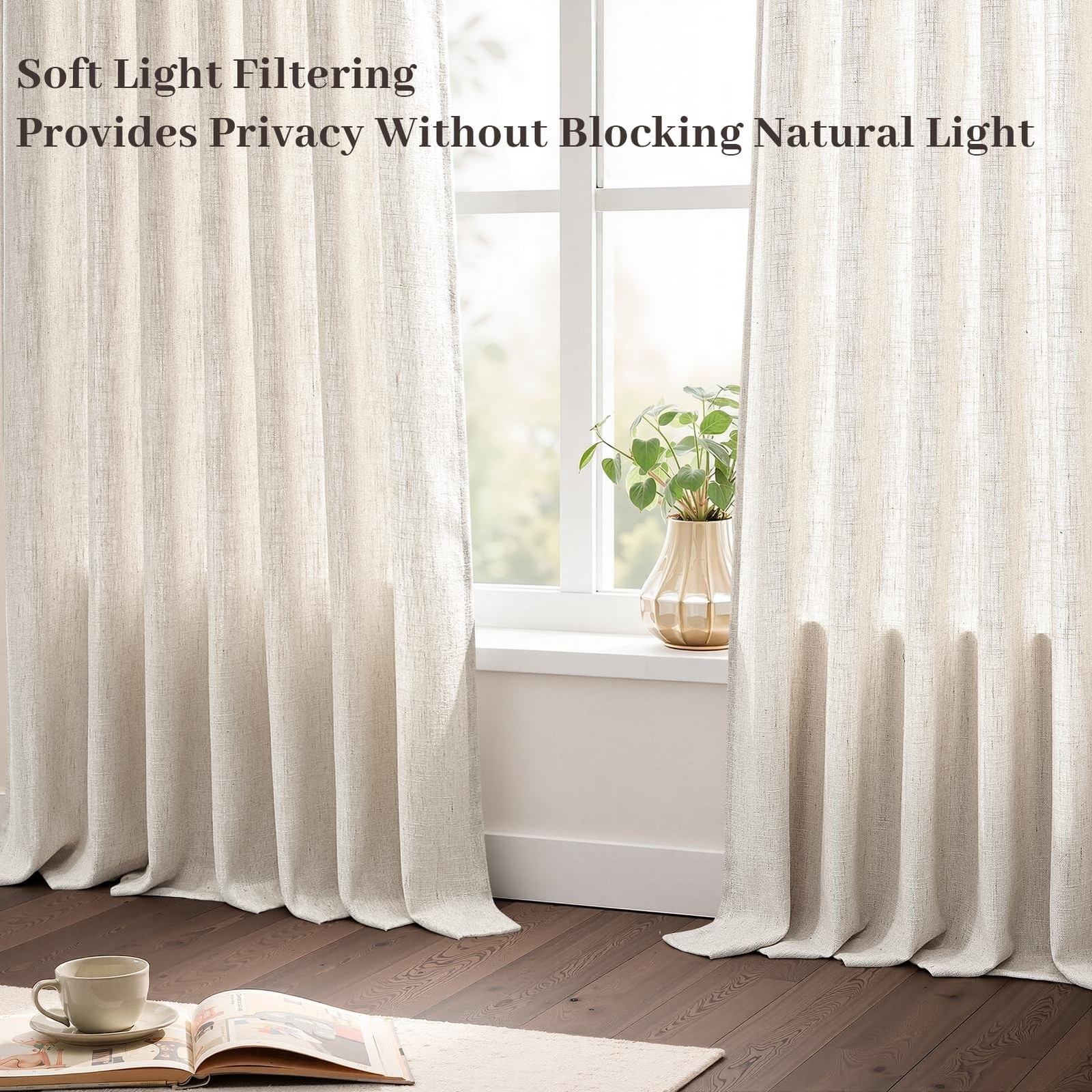 Natural Pinch Pleated Linen Curtains 84 Inch Long 2 Panels for Living Room Be…