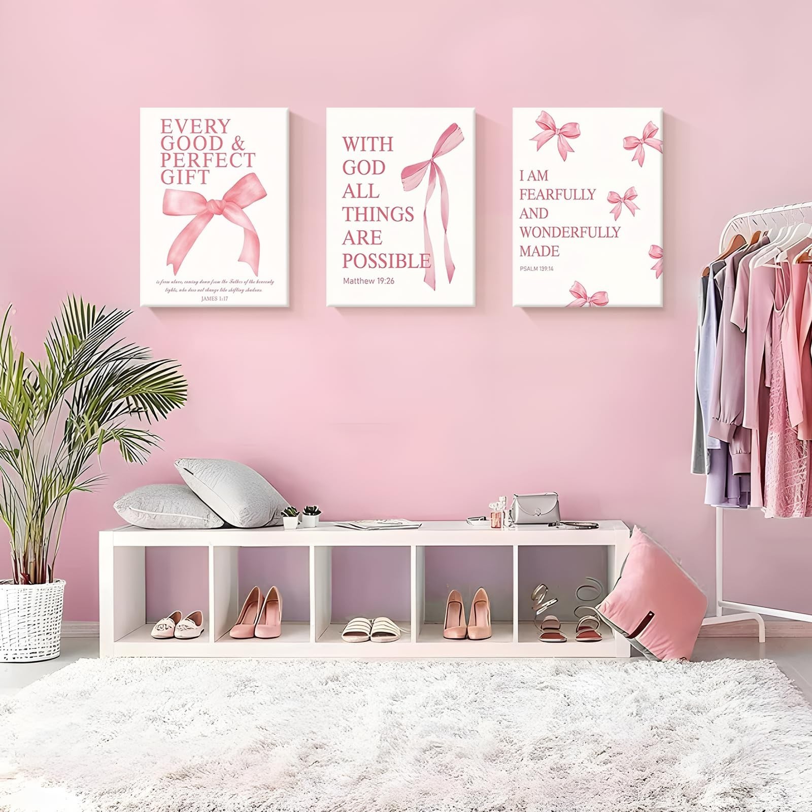 Goipwss 3 Piece Pink Bows Decor for Girls Room, Pink Pictures Bathroom Decor,…
