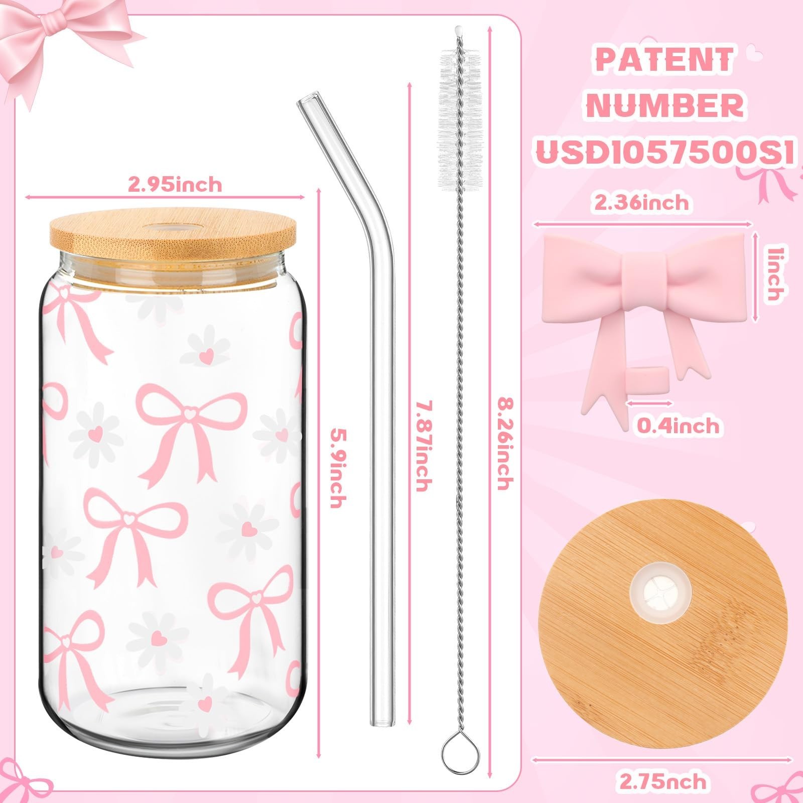Skylety Set of 2 Coquette Bow Glass Cup 16oz Pink Glass Cup with Lids and Str…