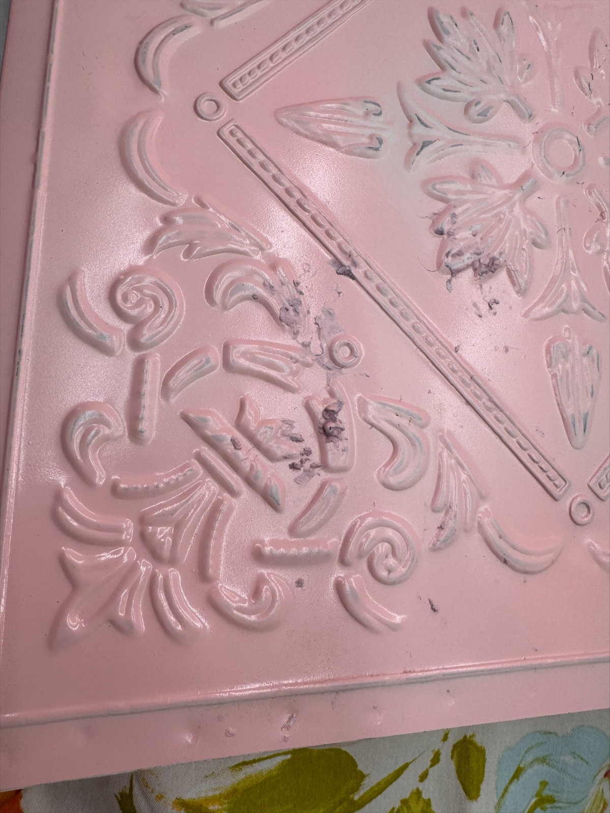 Pink Metal Embossed Floral Tin Tile Wall Pocket Hanging Planter 15" Shabby Chic