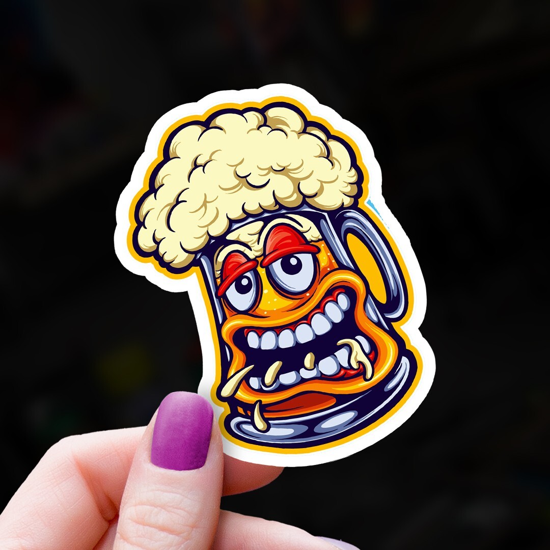Cartoon Beer Mug Vinyl Sticker: Belching Beer Laptop Sticker for Coolers