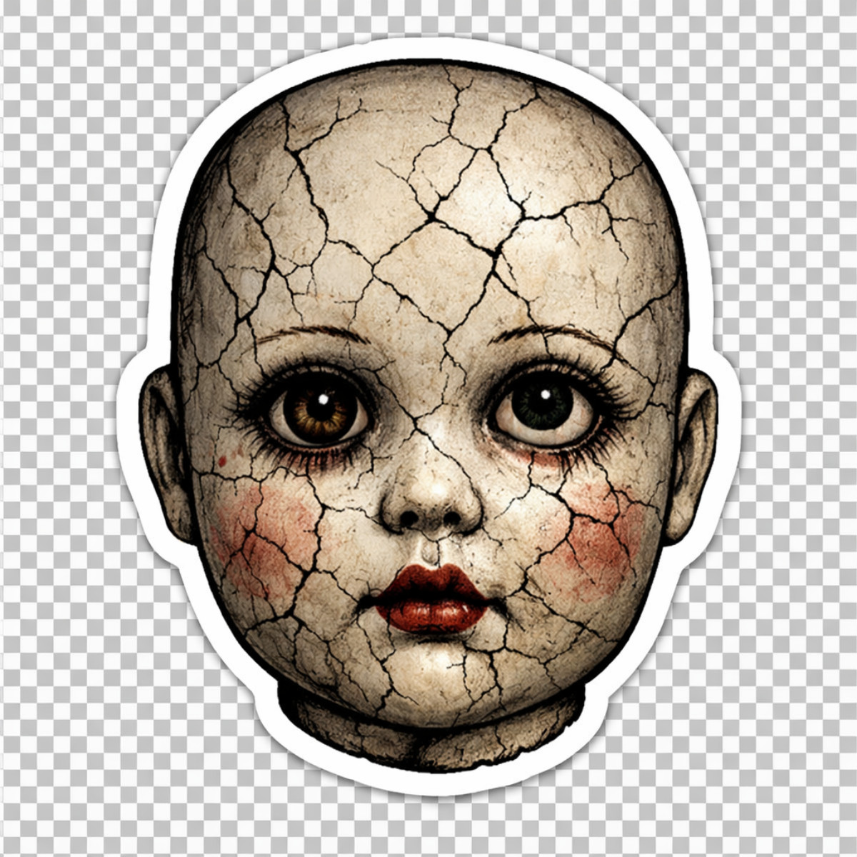 3 inch Cracked Creepy Doll Head Horror Vinyl Sticker Gothic Scary Decal