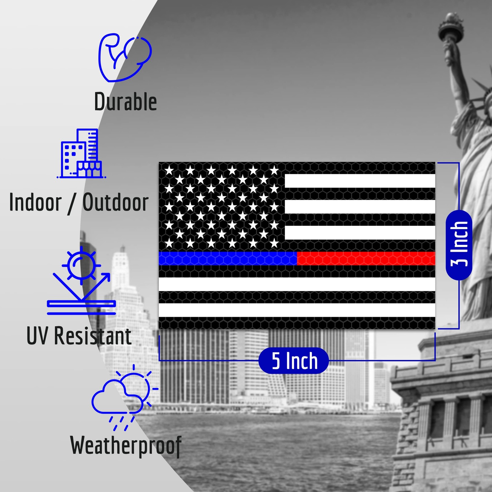 3PC Reflective Red and Blue Line Decal – 5×3 Inches – USA Thin Blue Red Line …