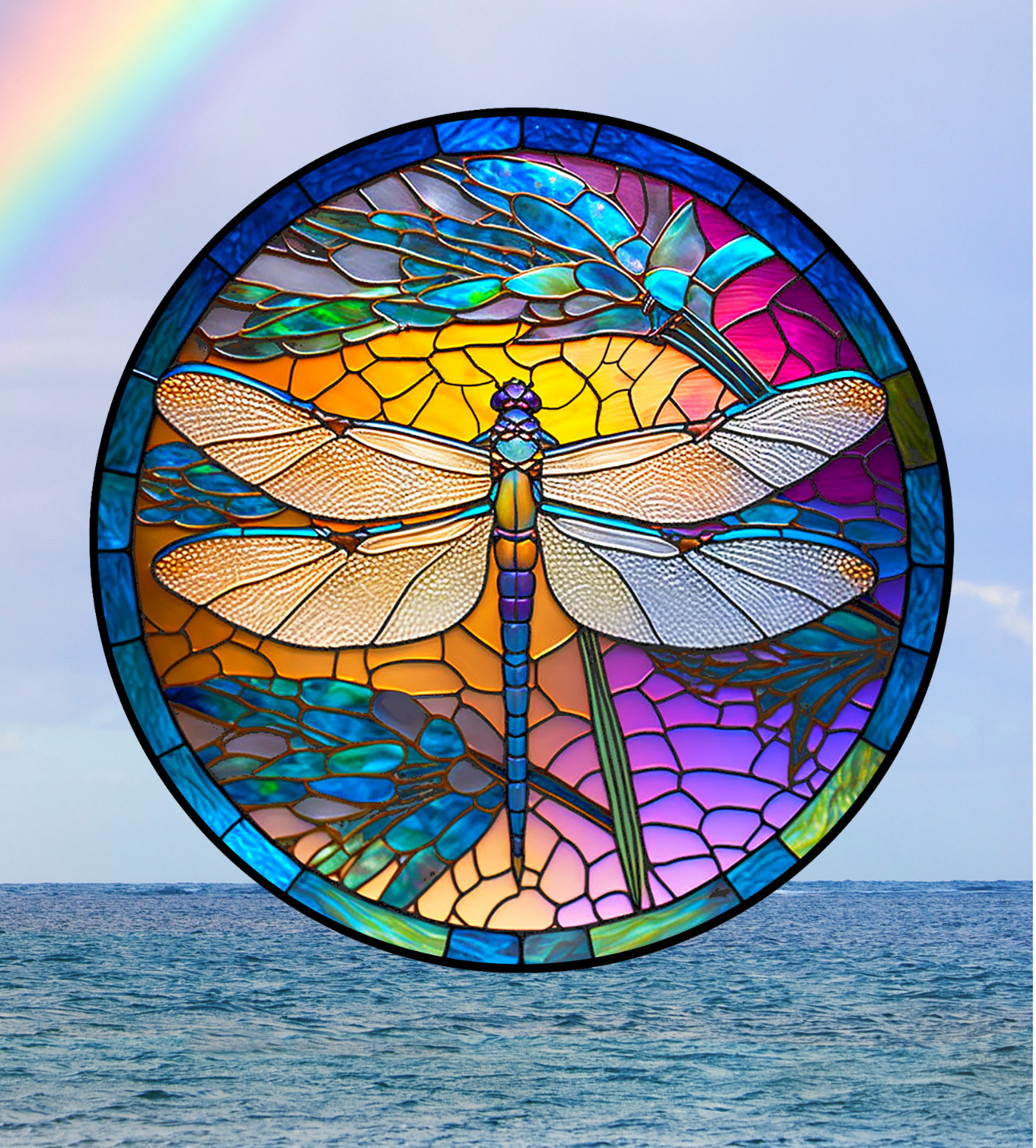 Dragonfly Faux Stained-Glass WINDOW CLING Sun-catcher Size 8" Round Vinyl