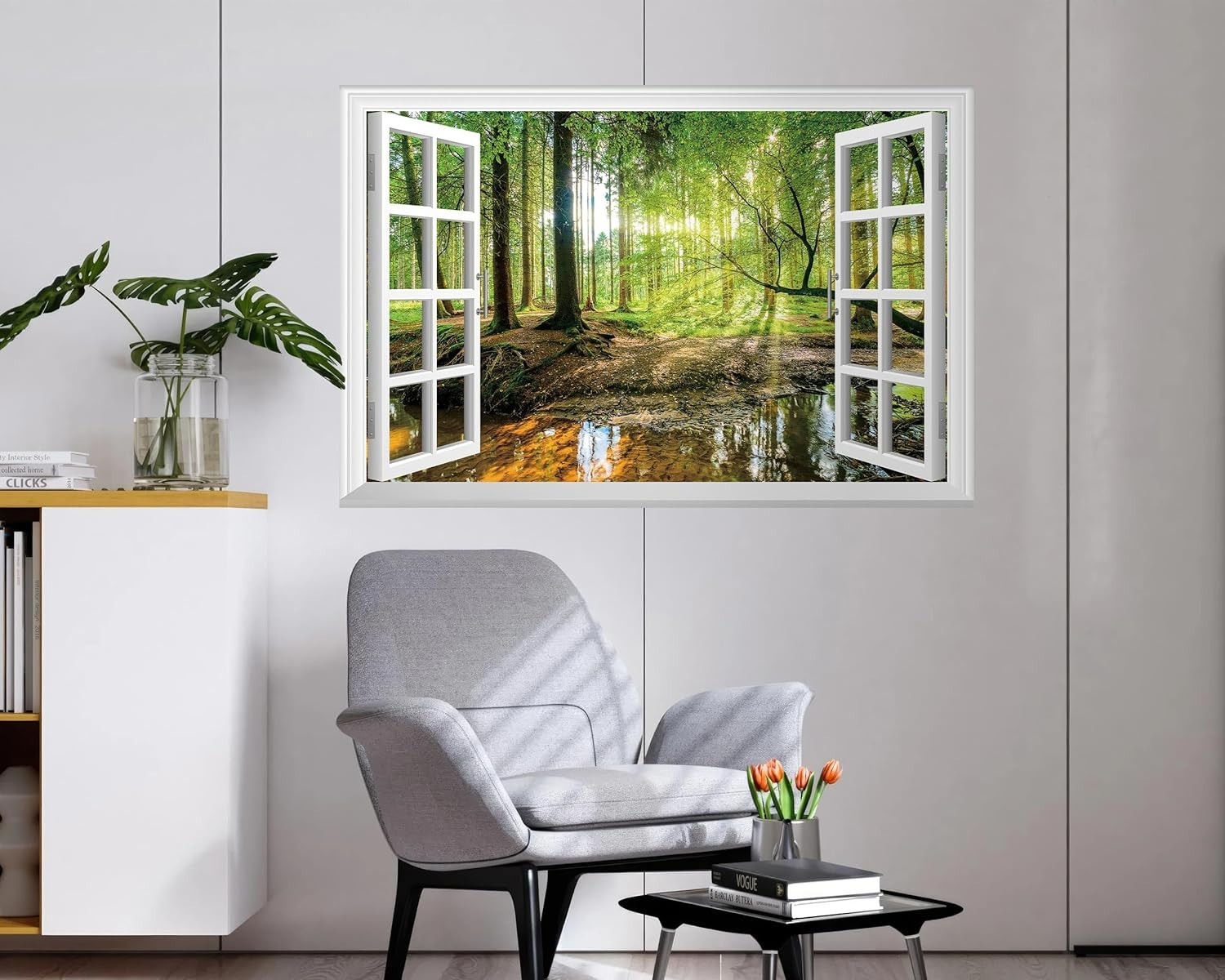 Tropical Jungle Faux Window Wall Mural – 48"x32" Decorative Stickers Set