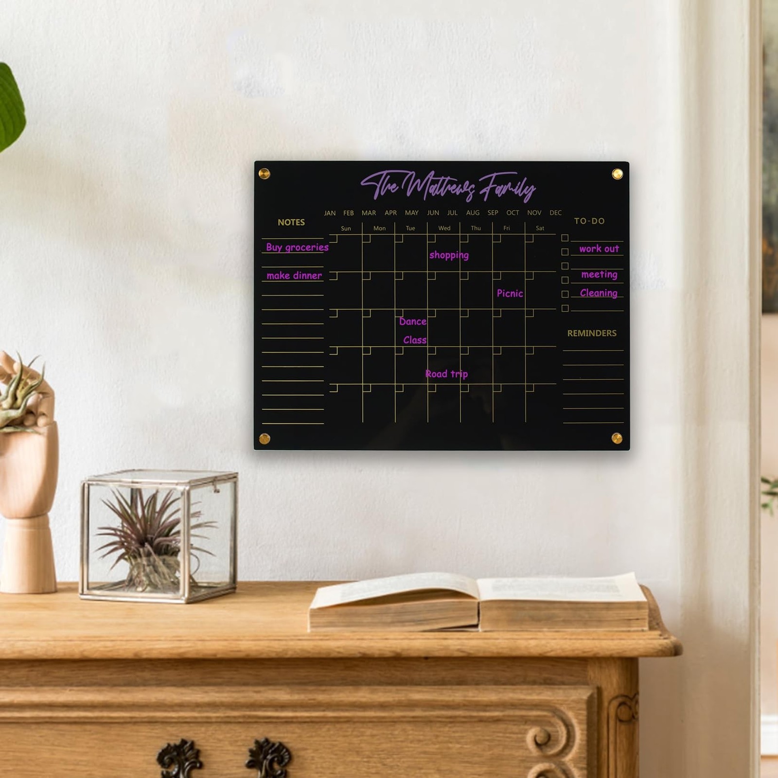 Black Acrylic Calendar Dry Erase for Wall, Family Planner, Monthly Calendar D…