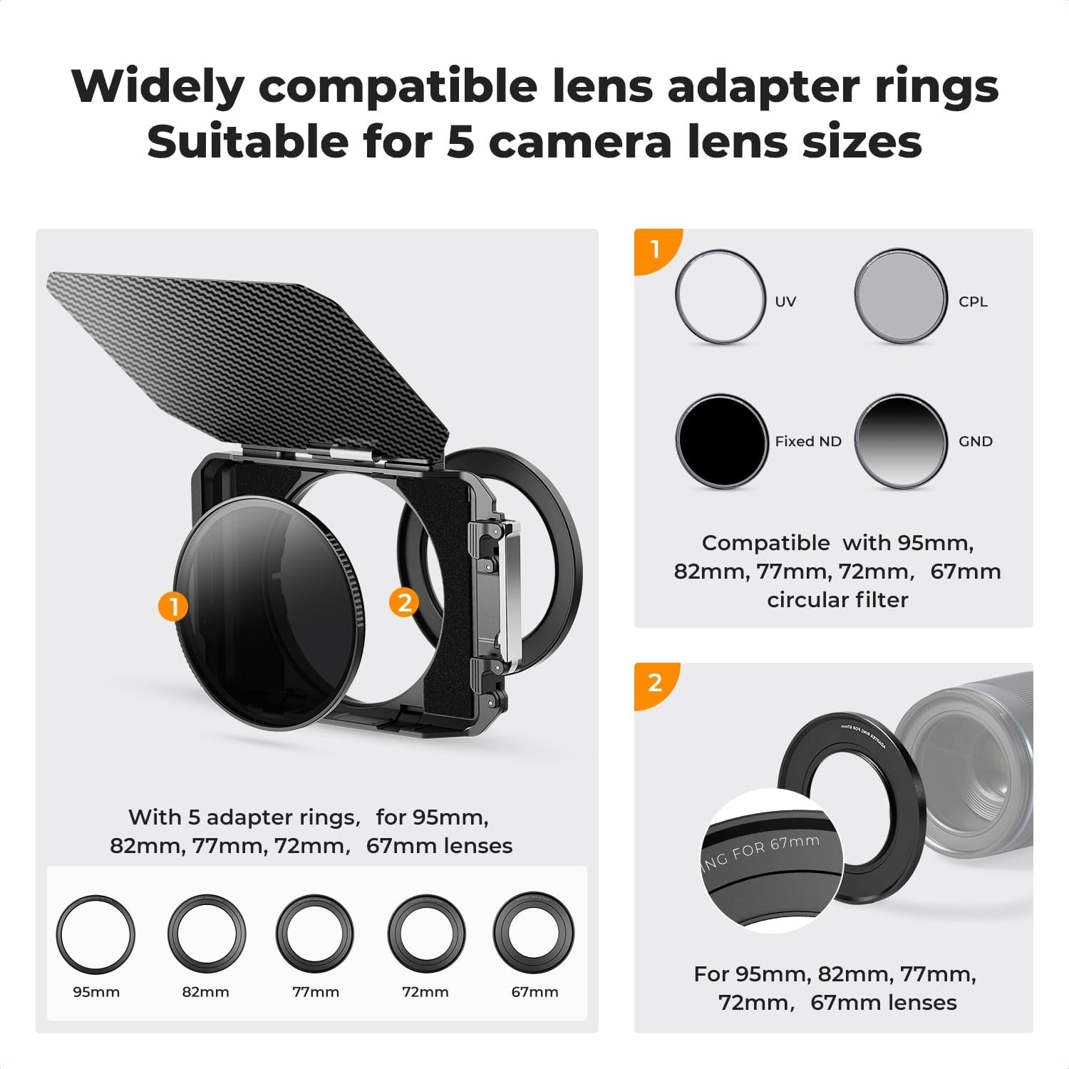 Matte Box for DSLR Cameras – Carbon Fiber Top Flag, 67-95mm Adapter Rings, 4×5.6