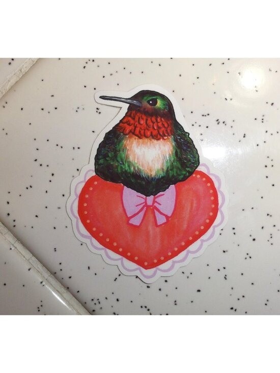 Hummingbird Sitting on a Heart w/ Bow Sticker unique handmade nature art