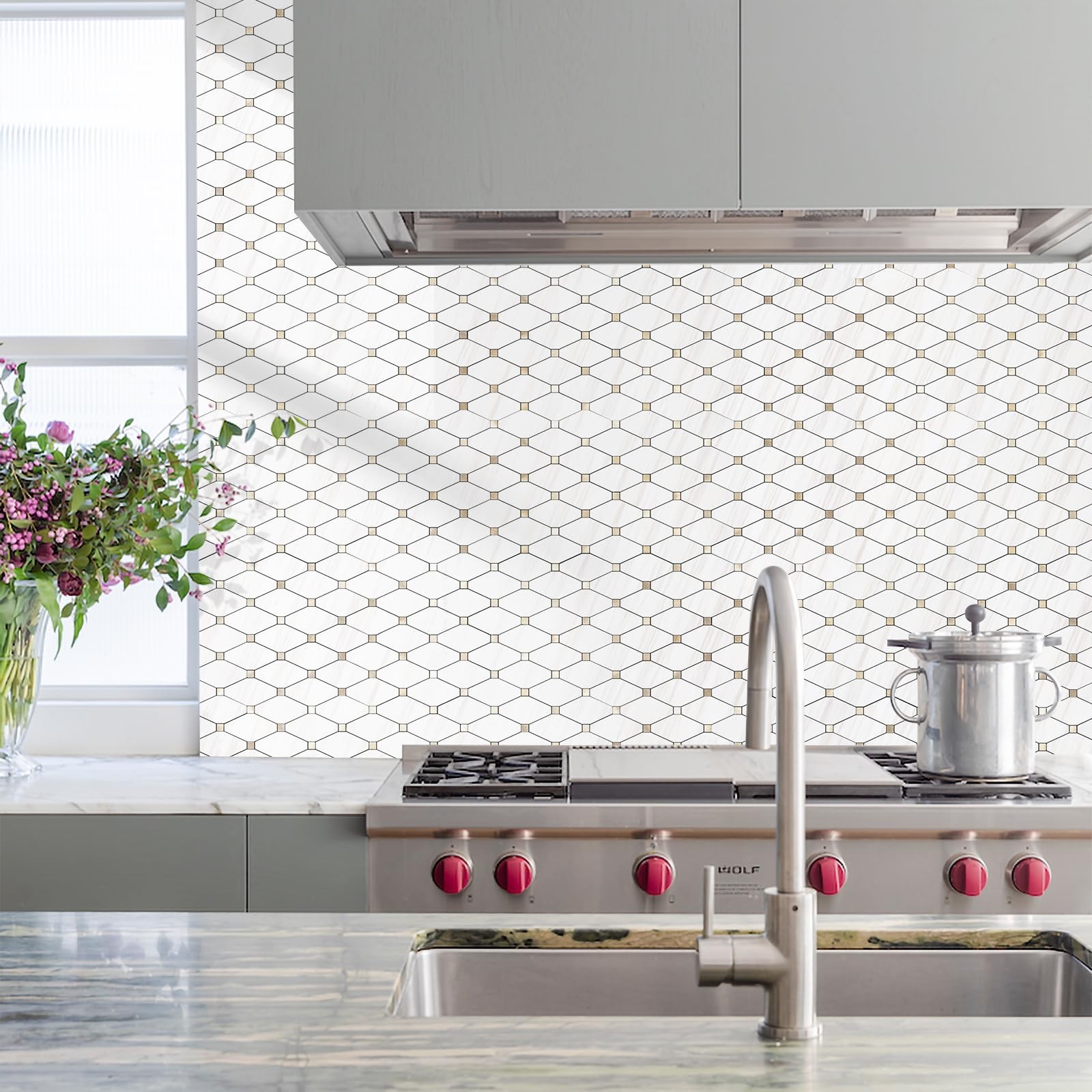 10 Sheets Peel and Stick Backsplash, Polished Dolomite PVC Mixed Metal Gold K…