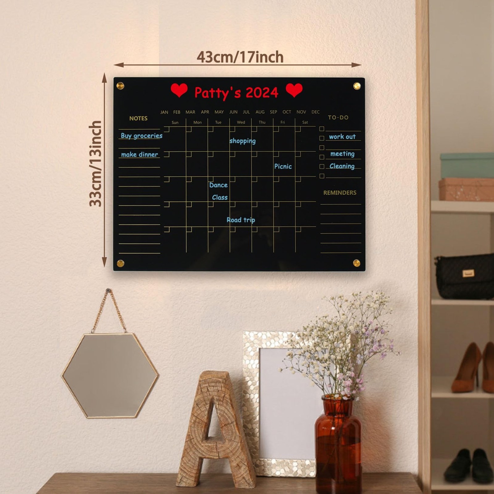 Black Acrylic Calendar Dry Erase for Wall, Family Planner, Monthly Calendar D…
