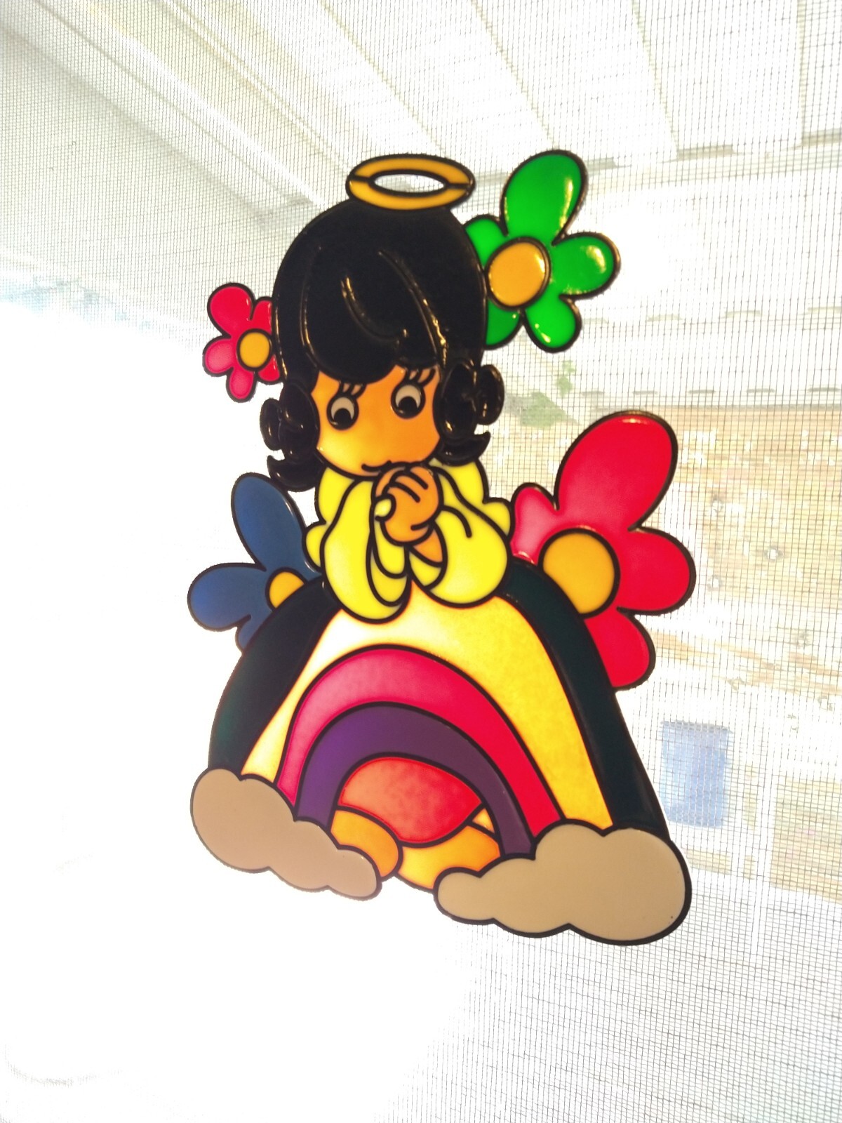 VINTAGE Decal From India Little Girl Angel on a Rainbow Stained Glass Effect 10"
