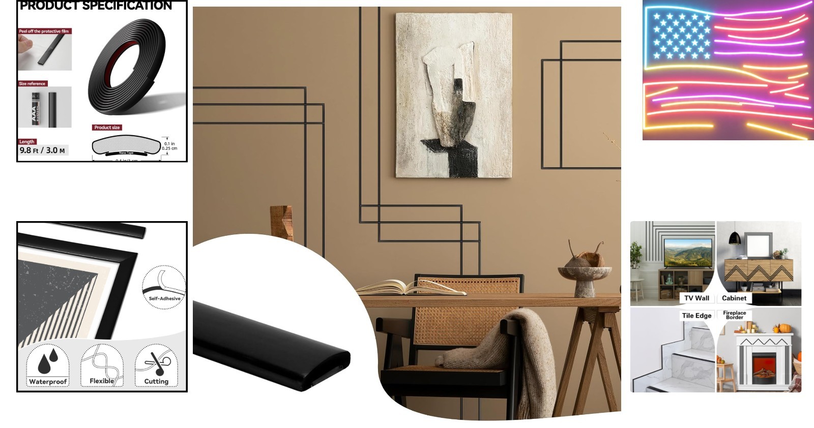 9.8 Ft Peel and Stick Wall Molding Trim, Matte Black Self Adhesive Flexible T…