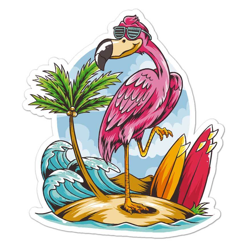 Flamingo Surf Beach, Vinyl Decal Sticker, Indoor Outdoor, 3 Sizes, #8051
