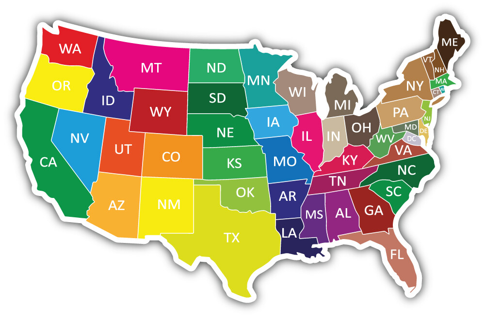 Colorful USA Map States Car Bumper Sticker Decal "SIZES"