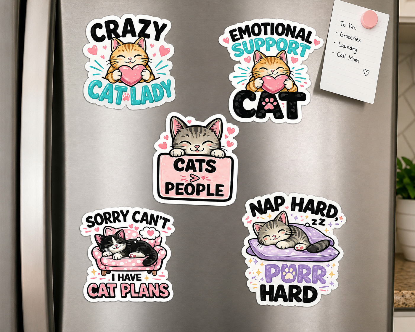 Cat Sticker 5-Pack Cute Funny Vinyl Decals Crazy Cat Lady Emotional Support Cat