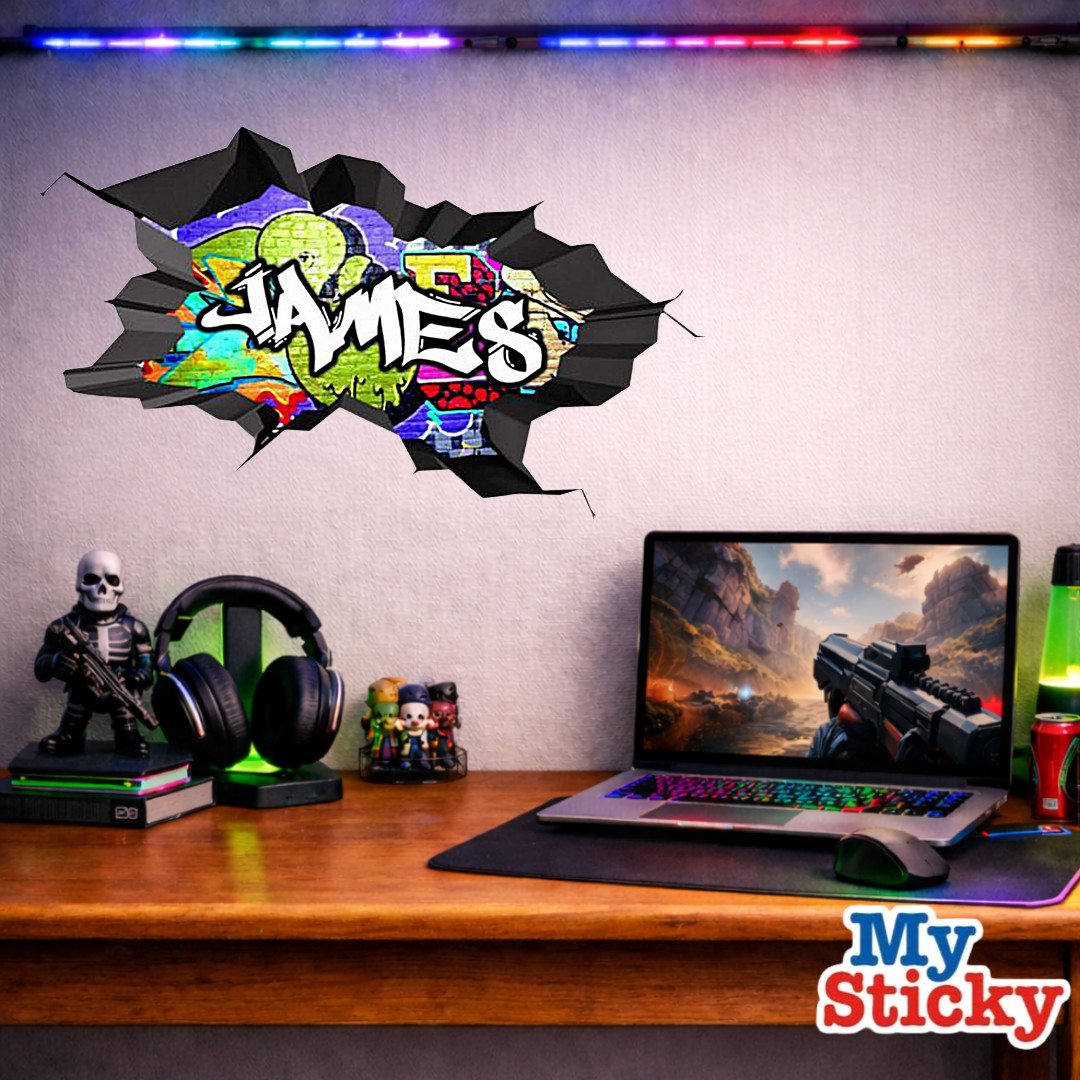 Custom Graffiti Name Wall Decal 3D Breakthrough Gamer Room Street Art Sticker