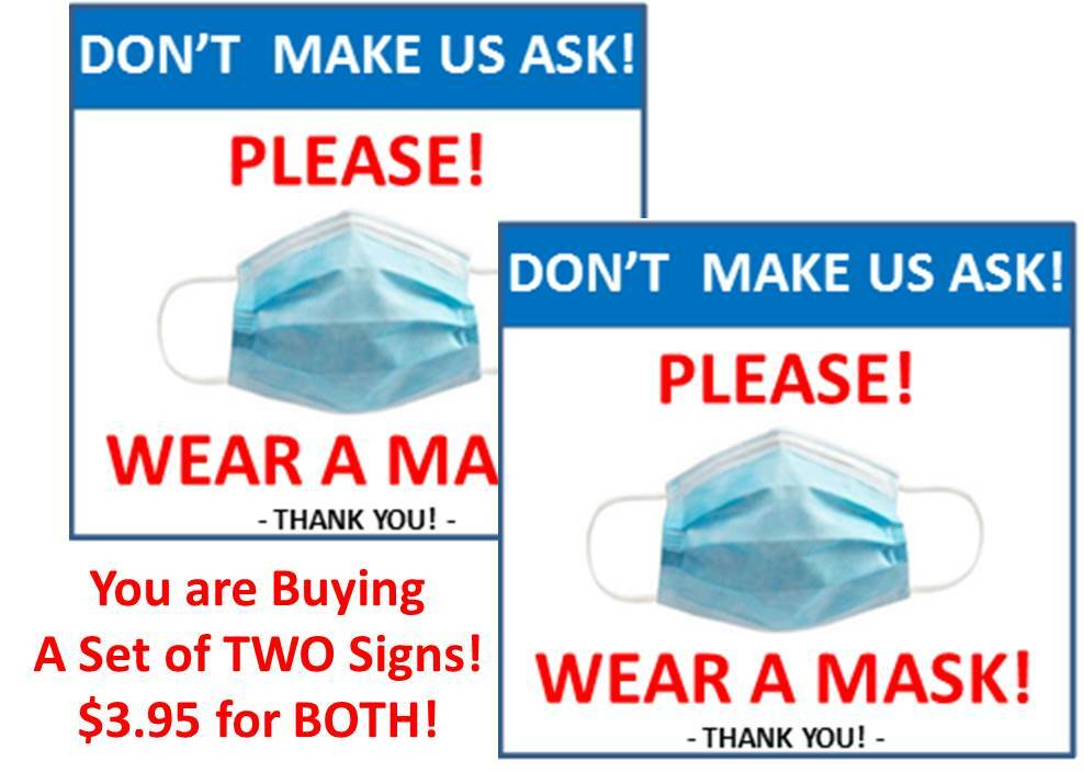 [Set of Two] WEAR A FACE MASK SIGN (5×5") PLACARD FOR STORE WINDOW – DOOR- WALL