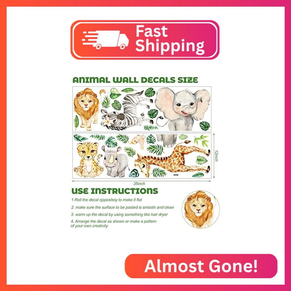 Colarr 35 x 24 Inch Jungle Animals Wall Decals Watercolor Safari Wall Stickers R