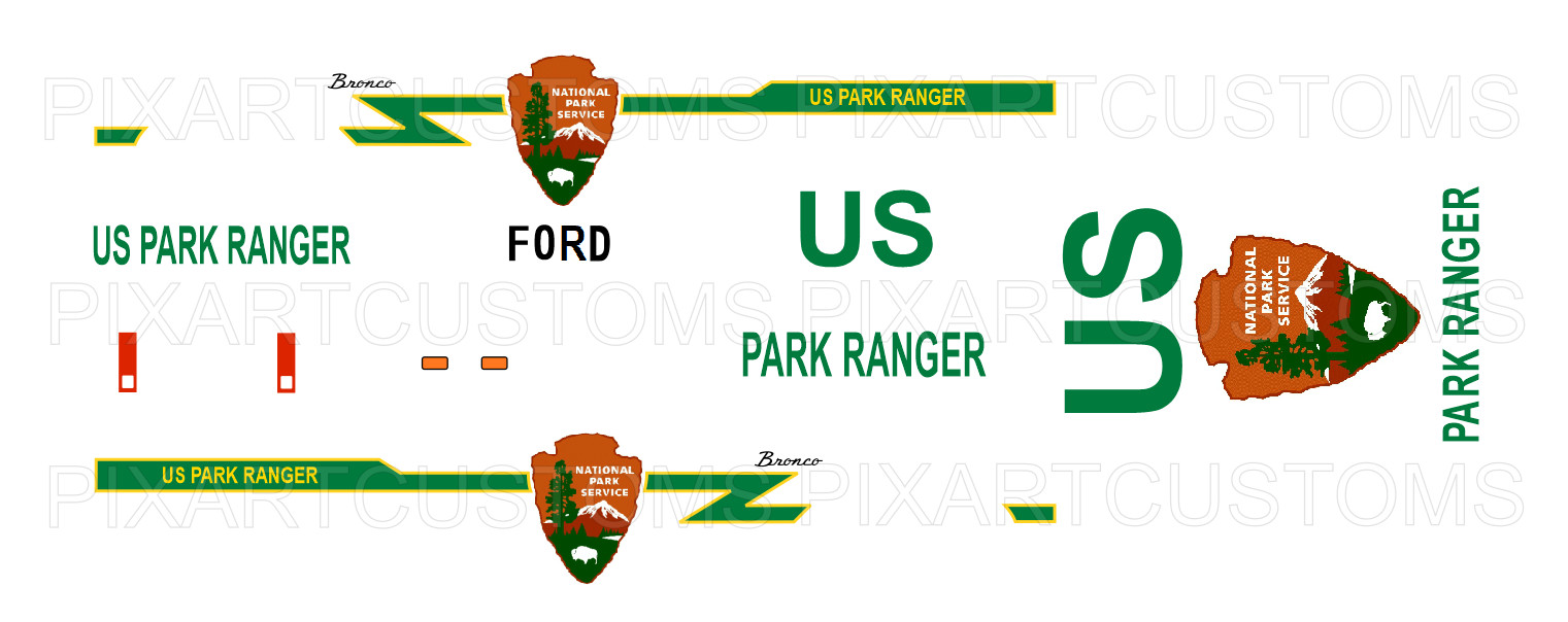 FOR HOT WHEELS CUSTOM 67 FORD BRONCO US PARK RANGER CLEAR WATER SLIDE DECAL 1:64