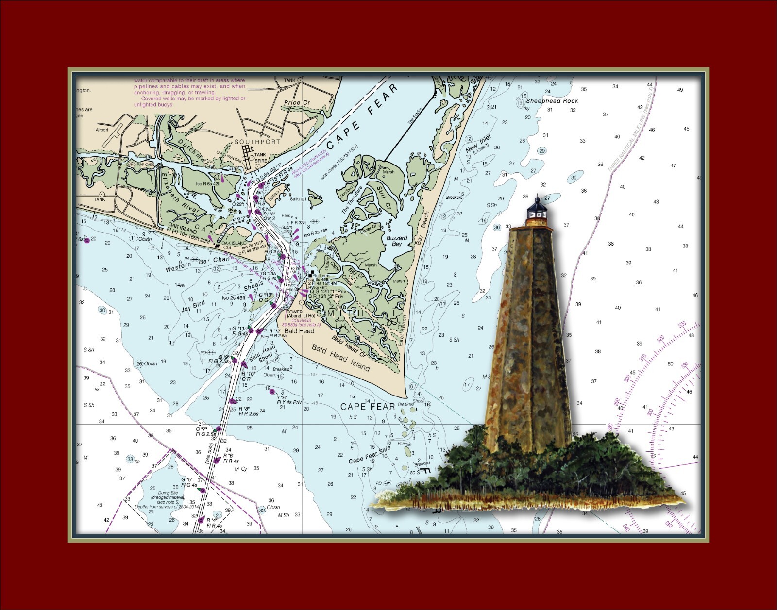 Bald Head Island Lighthouse and Nautical Chart High Quality Canvas Print