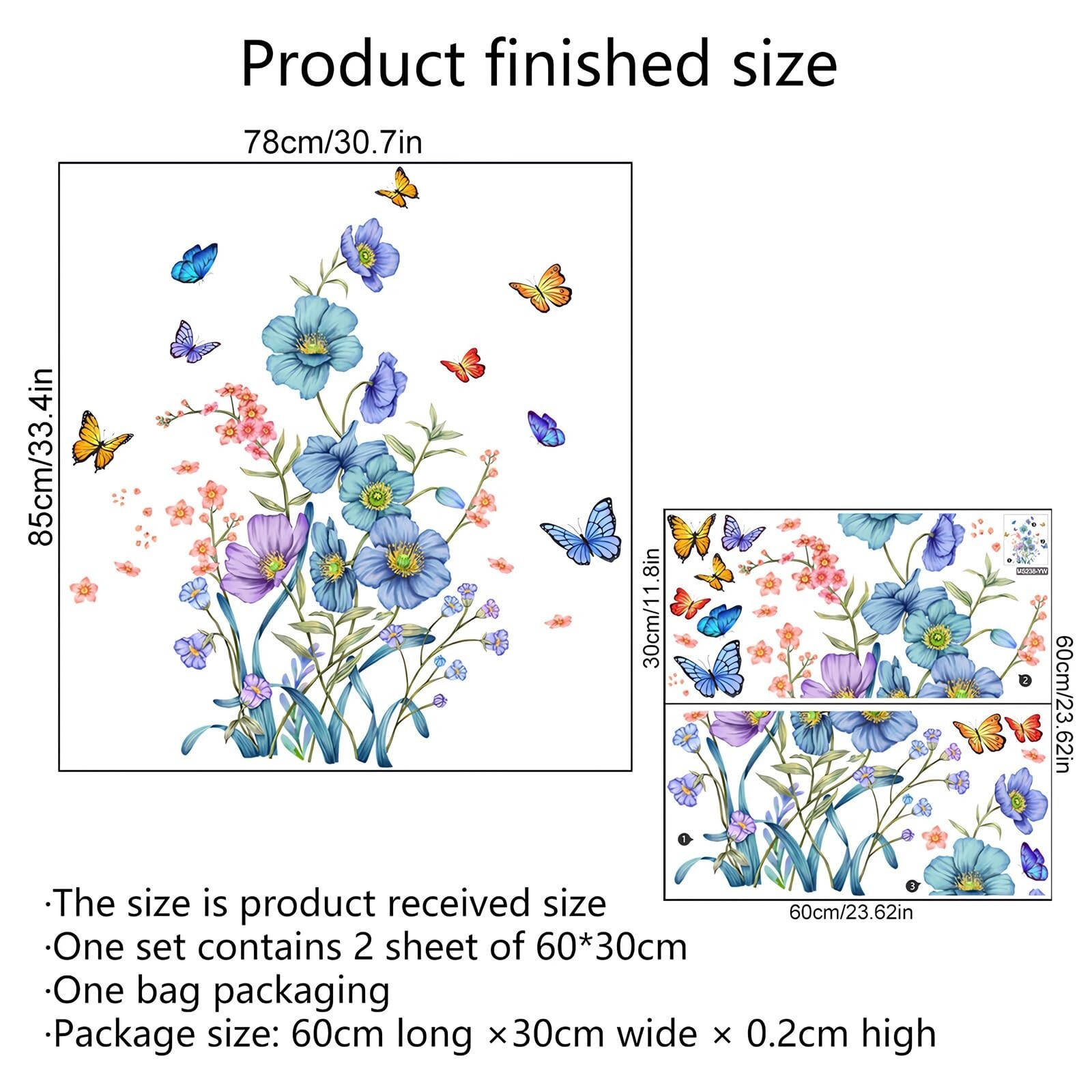 Blue Botanical Flower Butterfly Wall Stickers, sacinora Floral Art Green Plan…
