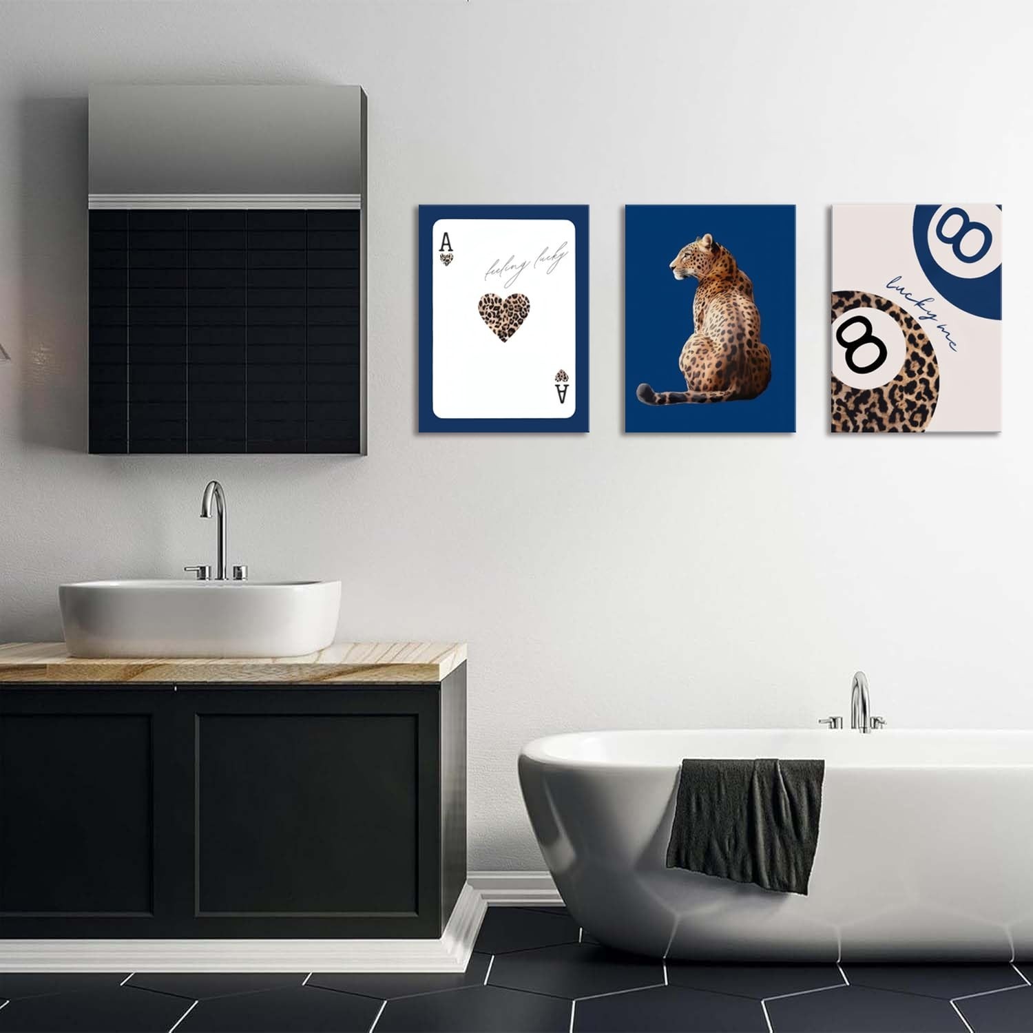 Navy Blue Leopard Canvas Wall Art Set of 3 Cheetah Animal Prints Posters Wall…