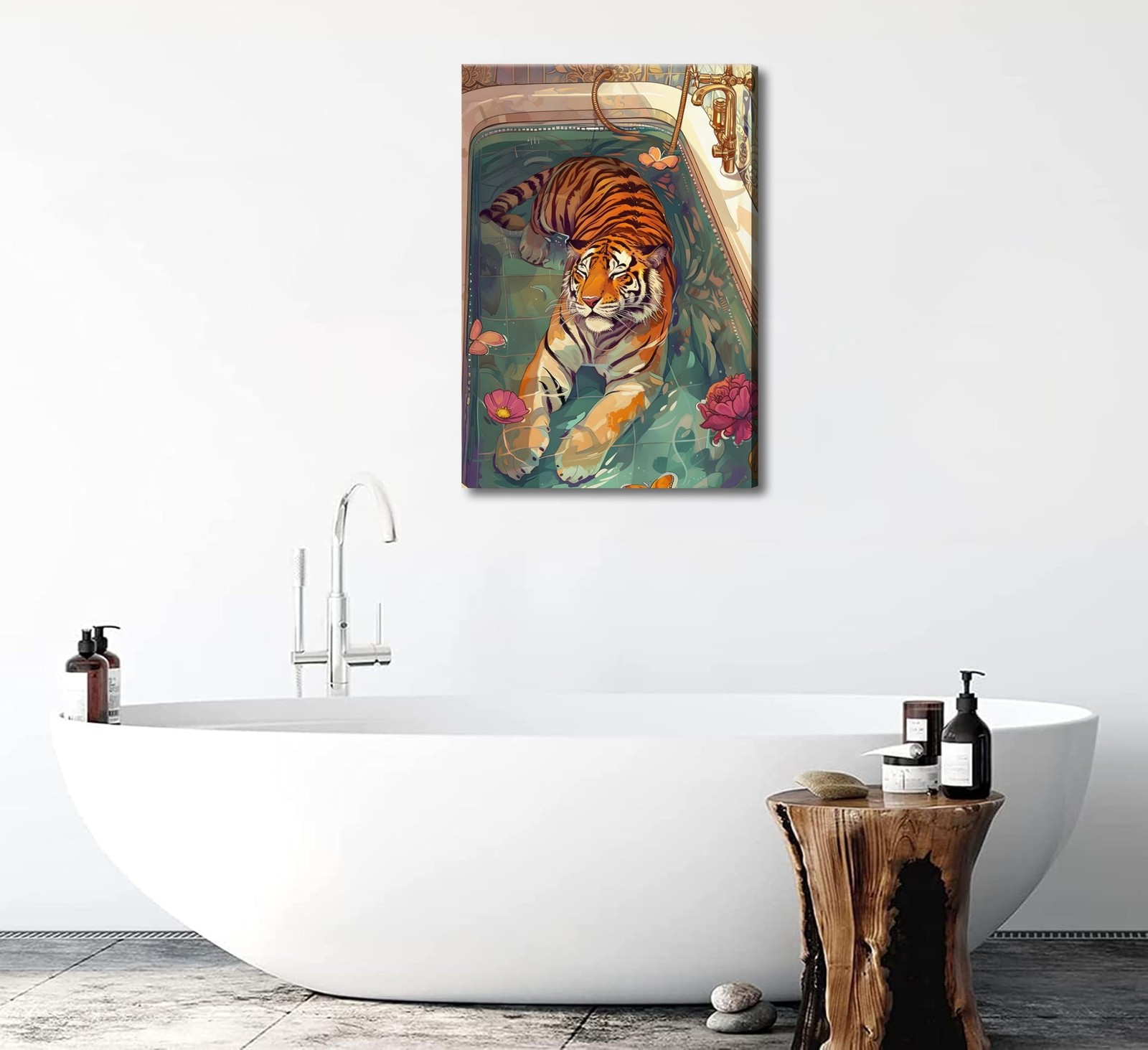 Tiger in Bathtub Canvas Wall Art Funny Bathroom Animal Painting Picture Wall …