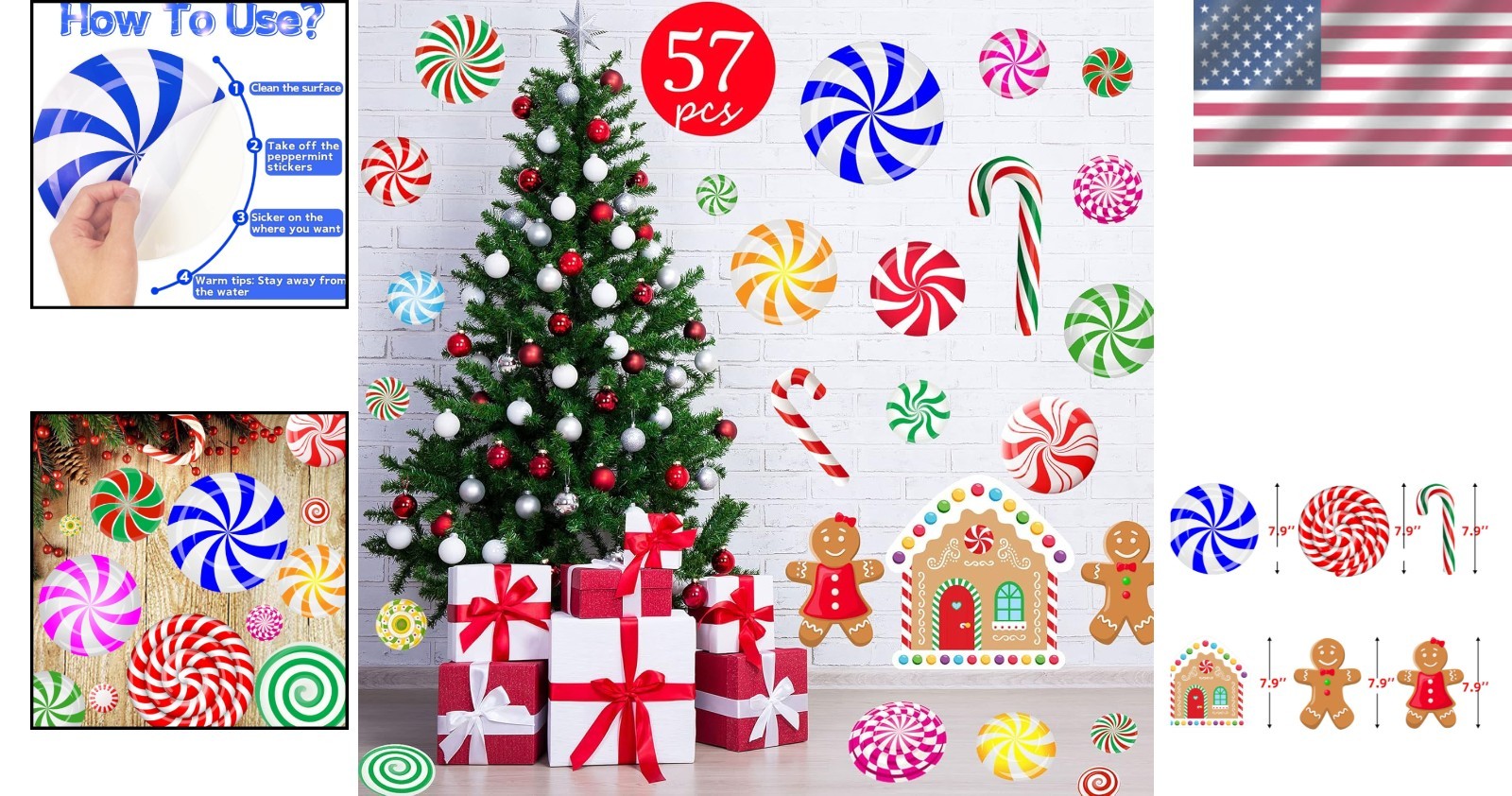Easy-to-Apply 57PCS Peppermint Wall and Floor Decals for Kids' Christmas Fun