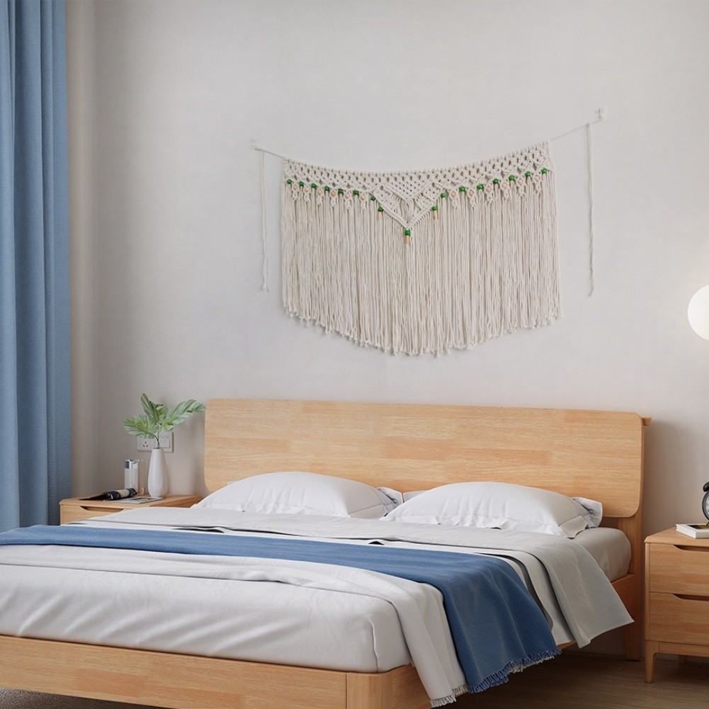 Hand Woven Boho Cotton Tapestry Wall Hanging for Living Room 100x65cm Beige