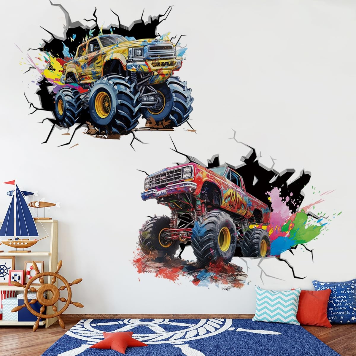 Large Monster Truck Wall Decals for Boys Room 3D Racing Car Wall Sticker Bedr…