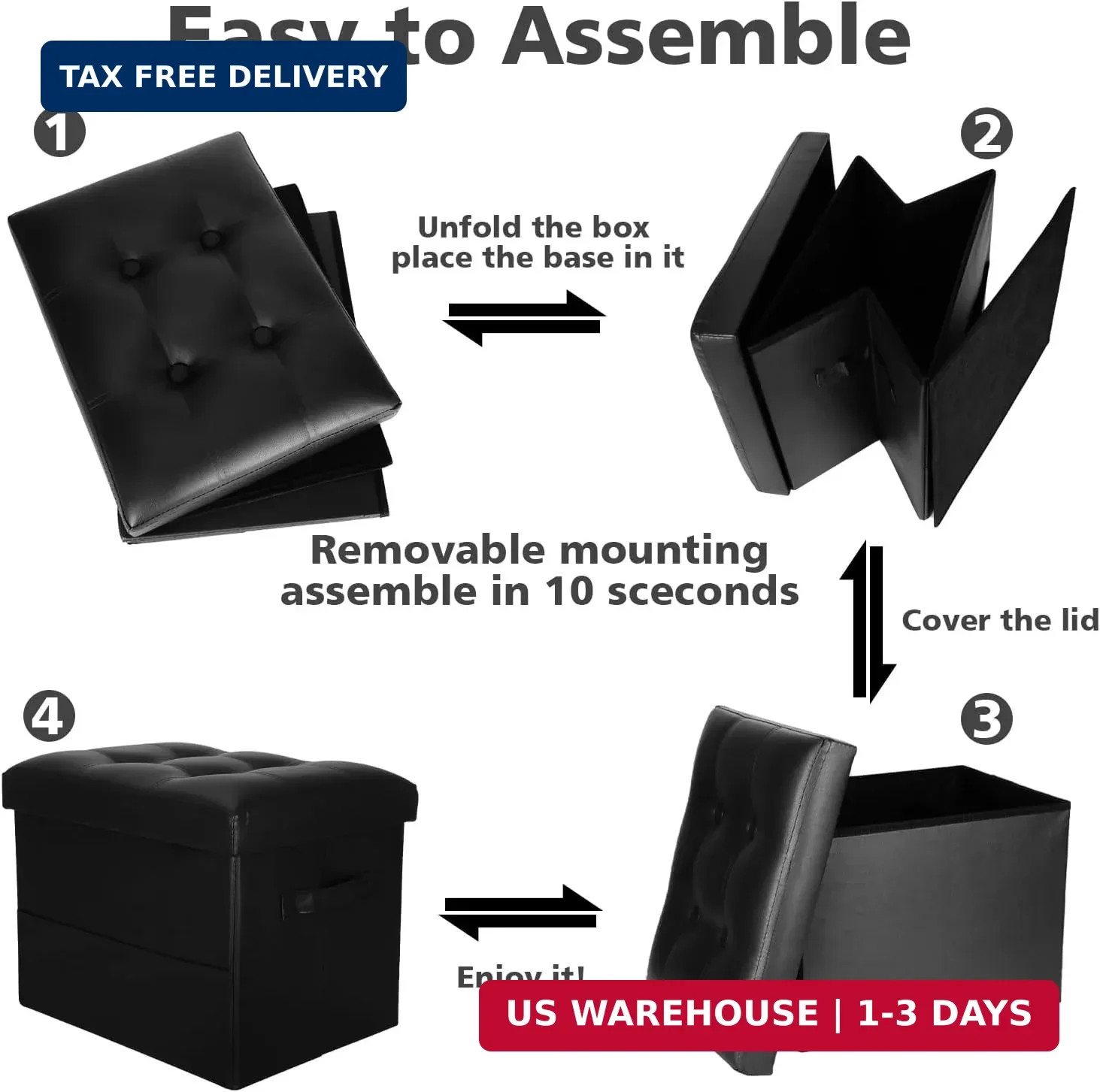 Storage Ottoman Foot Rest Stool with Thicker Foam Padded Seat. Foldable Leather